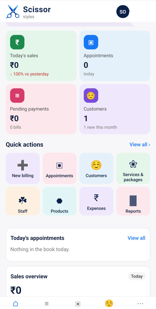 Dashboard: today's sales, bookings, pending payments and quick actions