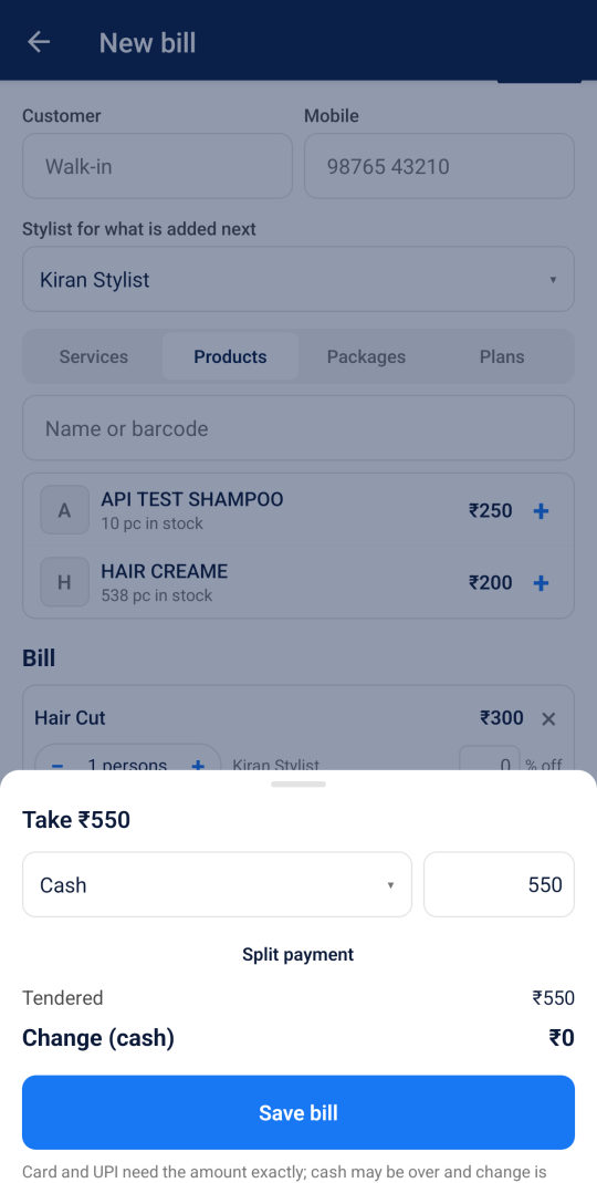 Taking payment by cash, card or UPI, or split