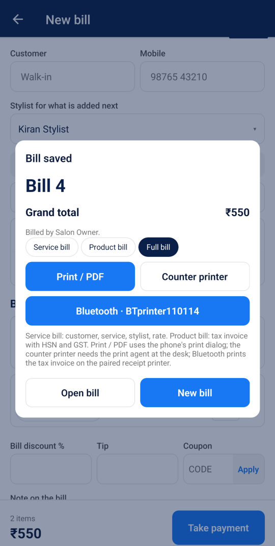 A saved bill with print options: PDF, counter printer, Bluetooth