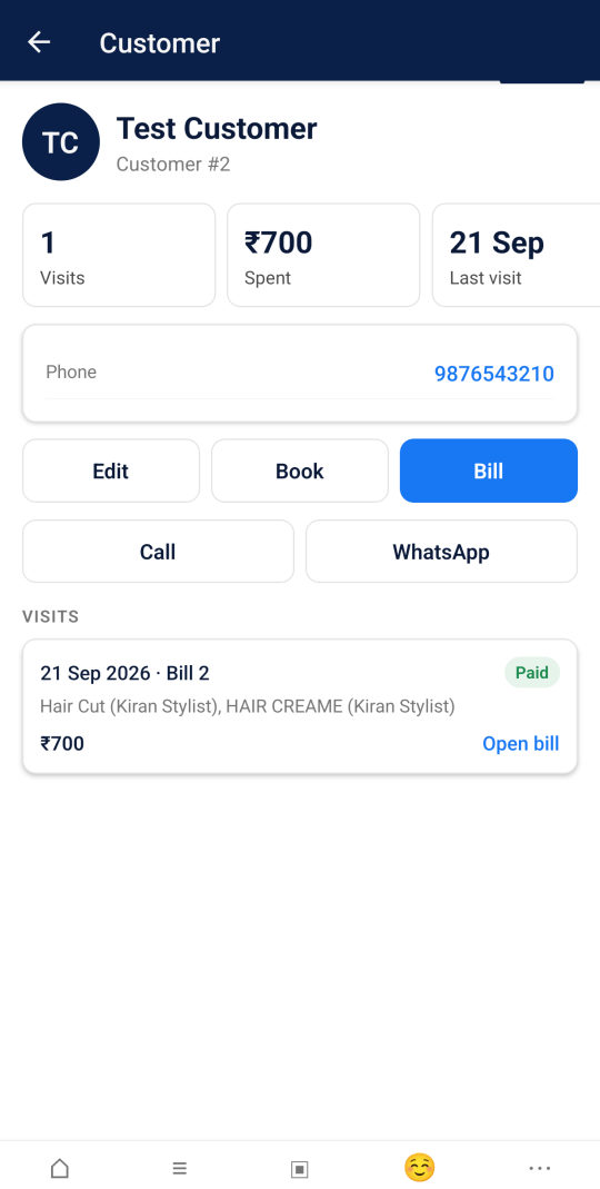 A customer's card: visits, spend, points, bookings