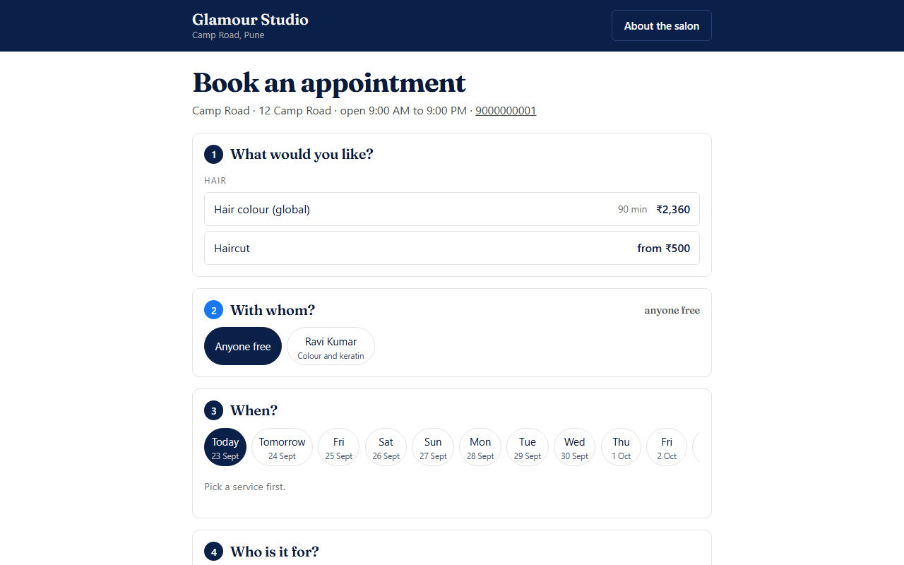 Online salon appointment booking page: choose a service with its price and duration, a stylist, a day and a free time slot